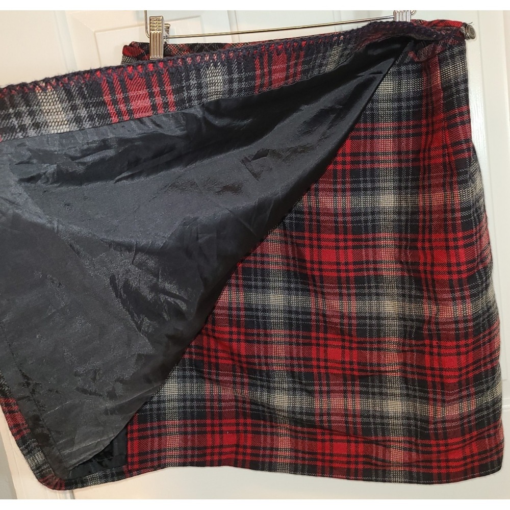 90Eddie Bauer Skirt Sz Med 100% Wool Plaid Retro Miniskirt Red Black Gray Wrap